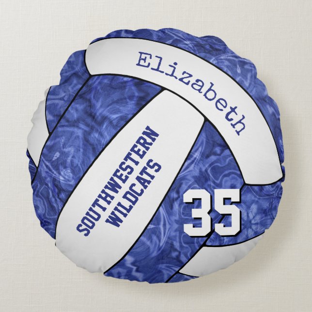 girls blue white volleyball team colours  round cushion (Front)