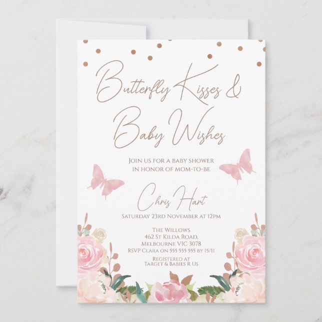 Girls Blush Floral Butterfly Baby Shower Invitation (Front)