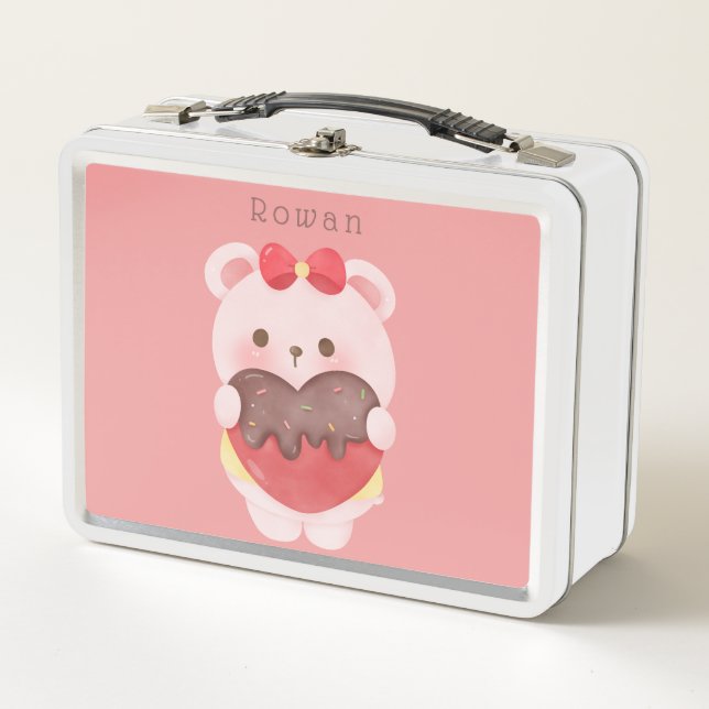 Girls Blush Pink Cute Teddy Bear Metal Lunch Box (Front)