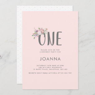 Girl's Blush Pink Type and Floral 1st Birthday Invitation