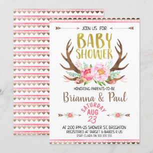 Girls Boho Floral Antlers Baby Shower Invitation