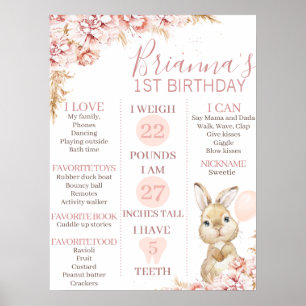 Girl's Boho Floral Bunny 1st Birthday Milestone Po Poster