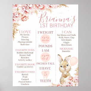 Girl's Boho Floral Bunny 1st Birthday Milestone Poster