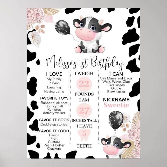 Girl's Boho Floral Cow 1st Birthday Milestone Poster (Front)