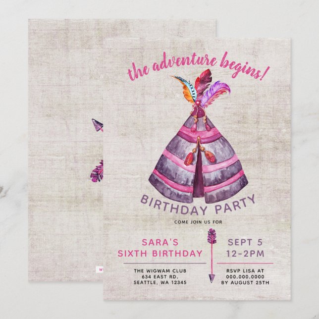 Girls Boho TeePee Birthday Invitations (Front/Back)