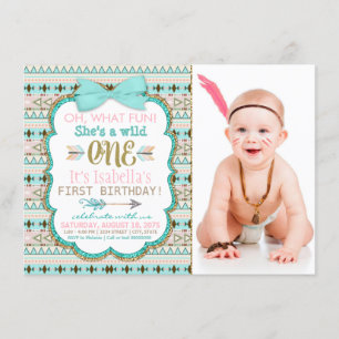 Girls Boho Tribal First 1st Birthday Party Invitation