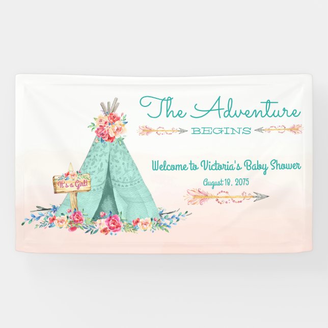 Girls Boho Tribal Teepee Baby Shower Banner (Horizontal)