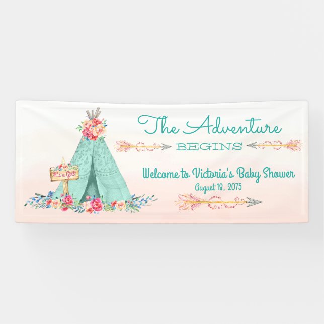 Girls Boho Tribal TeePee Baby Shower Banner (Horizontal)