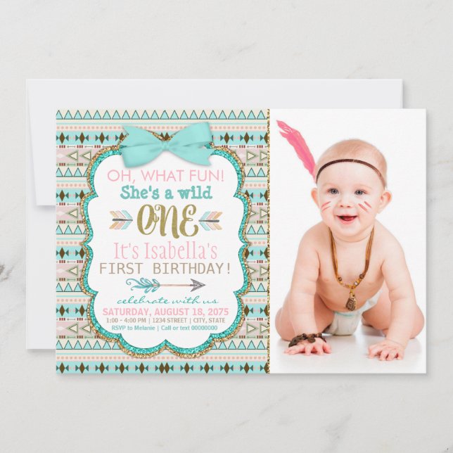 Girls Boho Tribal Wild One 1st Birthday Party Invitation (Front)