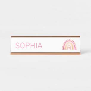 Girls Boho Watercolor Rainbow in Pink personalised Desk Name Plate