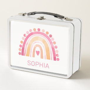 Girls Boho Watercolor Rainbow in Pink personalized Metal Lunch Box