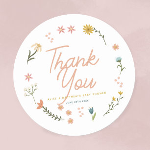 Girls Boho Wildflower Pink Baby Shower Favour Classic Round Sticker