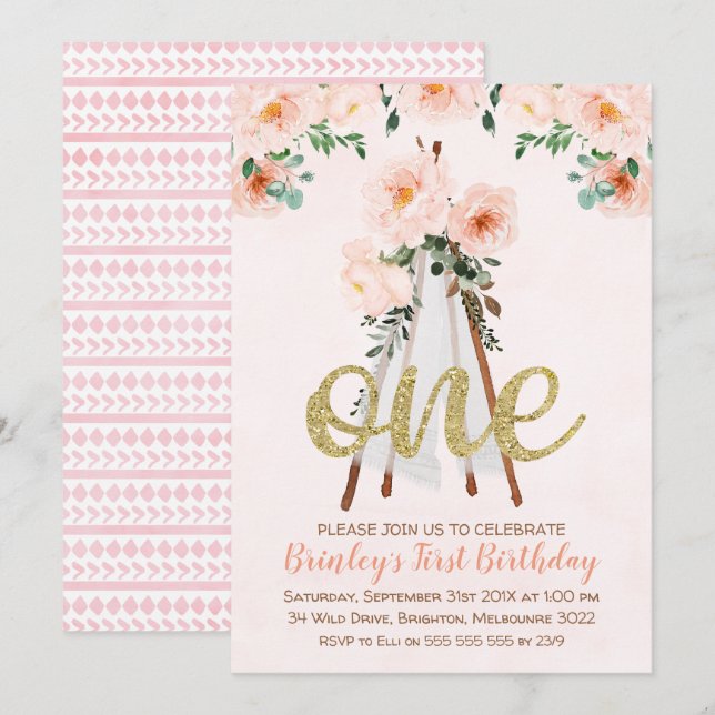 Girl's BohoTribal Teepee First Birthday Invitation (Front/Back)
