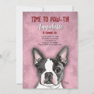 Girls Boston Terrier Birthday Party Invitation 