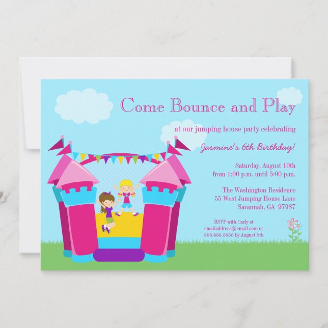 Girl's bounce house birthday party invitation (Front)