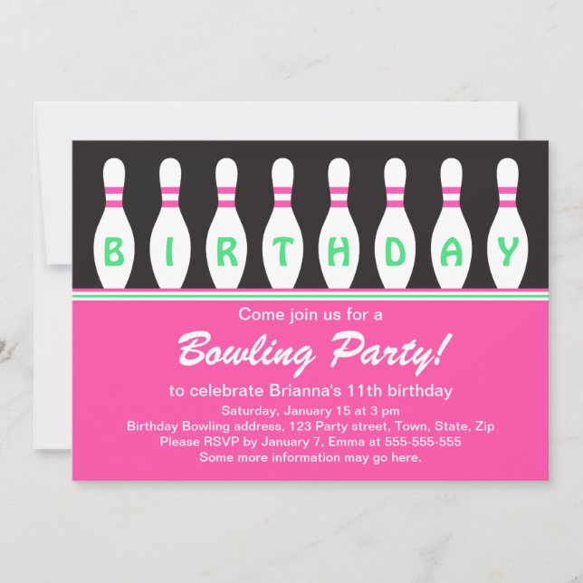 Girls bowling birthday party invitation with pins (Front)