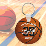 girl's boy's basketball keychain w team name<br><div class="desc">This personalized basketball keychain for girls or boys features a simple basketball graphic with overlying black and white text - easily customize this keychain with the player's name in a signature (or autograph) style font atop the player's jersey number (in a varsity letter style font) at the center of the...</div>