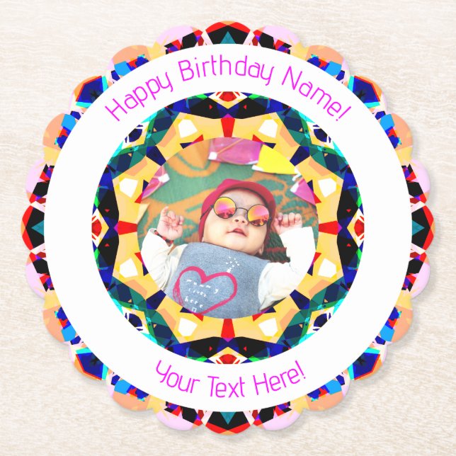 Girls Boys Happy Birthday Star Custom Age Photo Paper Coaster (Front)