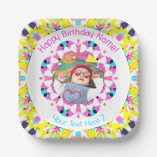 Girls Boys Happy Birthday Star Custom Age Photo Paper Plate (Front)