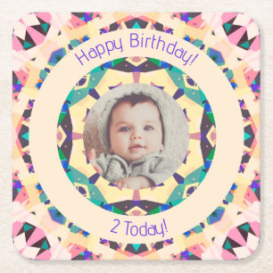 Girls Boys Happy Birthday Star Custom Age Photo Square Paper Coaster