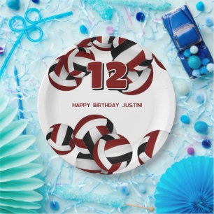 girls boys maroon black volleyballs birthday party paper plate