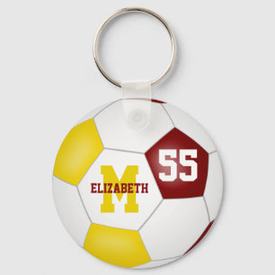 girls boys maroon gold team colours soccer ball key ring