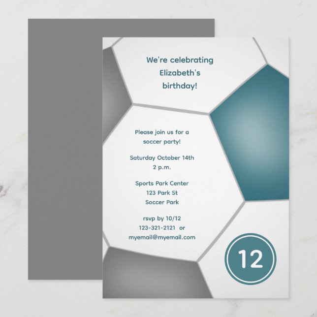 girls boys sports teal grey soccer birthday party invitation (Front/Back)