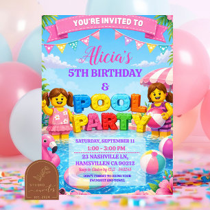 Girls Bricks Colorful Pool Birthday Party Invitati Invitation
