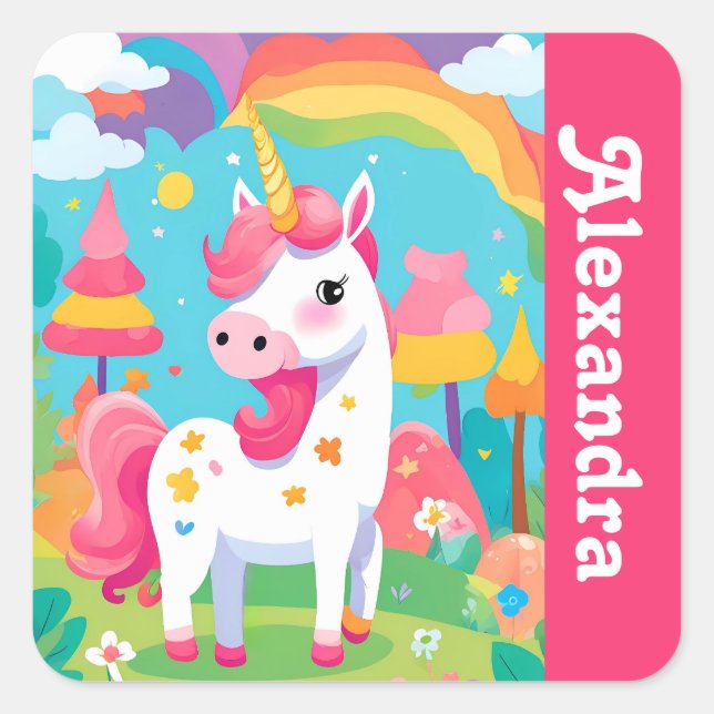 Girl's Bright Pink Cute Unicorn Square Sticker (Front)