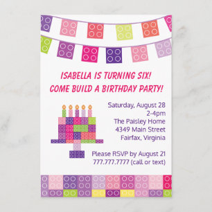 Girl's Building Bricks Blocks Birthday Party Invitation