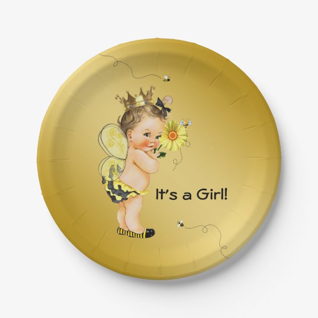 Girls Bumble Bee Baby Shower Paper Plate (Front)