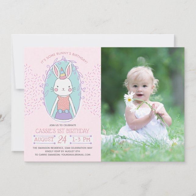 Girls Bunny Birthday Photo Invitation (Front)