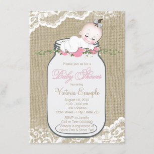 Girls Burlap Mason Jar Baby Shower Invitation