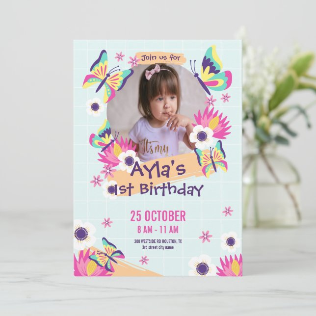 Girls Butterfly 1st Birthday Invitation With Photo (Standing Front)