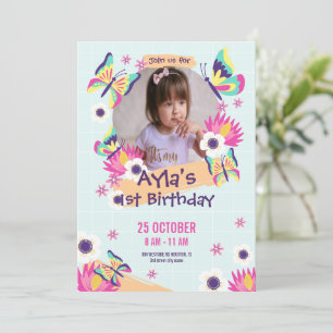Girls Butterfly 1st Birthday Invitation With Photo