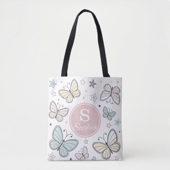 Girls Butterfly Monogram Cute Personalized gift Tote Bag (Front)