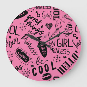 Girls Calligraphic: Seamless Fashion Pattern Large Clock