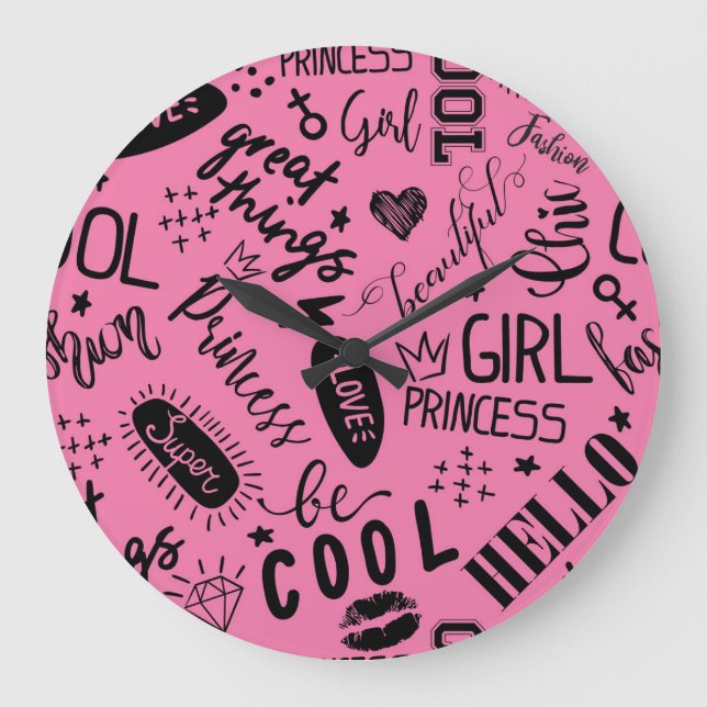 Girls Calligraphic: Seamless Fashion Pattern Large Clock (Front)