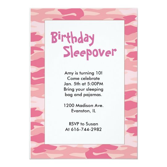 Girls Camo Pink Birthday Sleepover Invitation