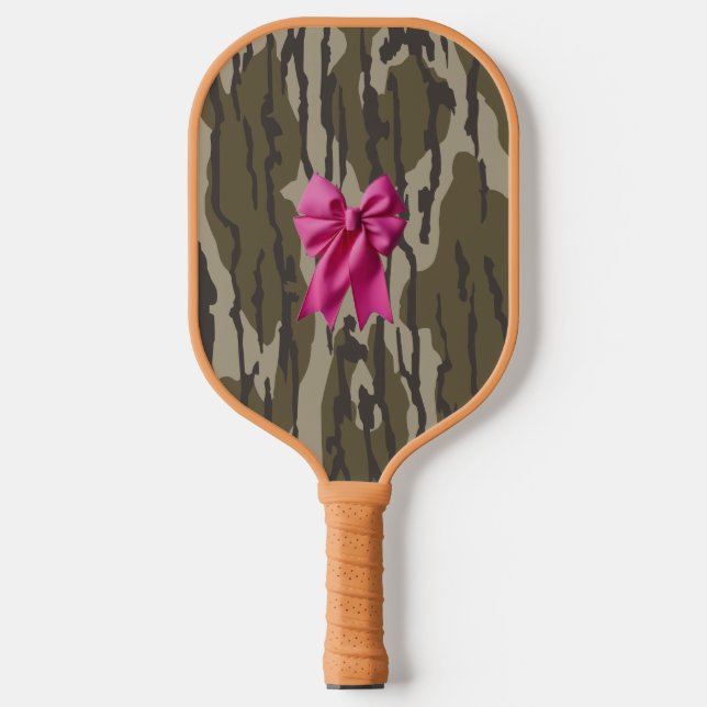 Girls Camo Pink Ribbon Bow Bottomland Camo Pickleball Paddle (Front)