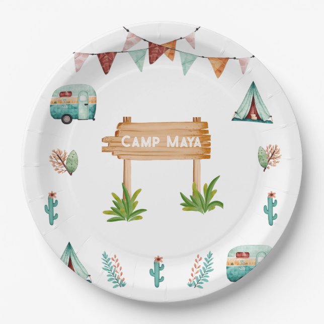 Girls camping adventure slumber birthday party  paper plate (Front)