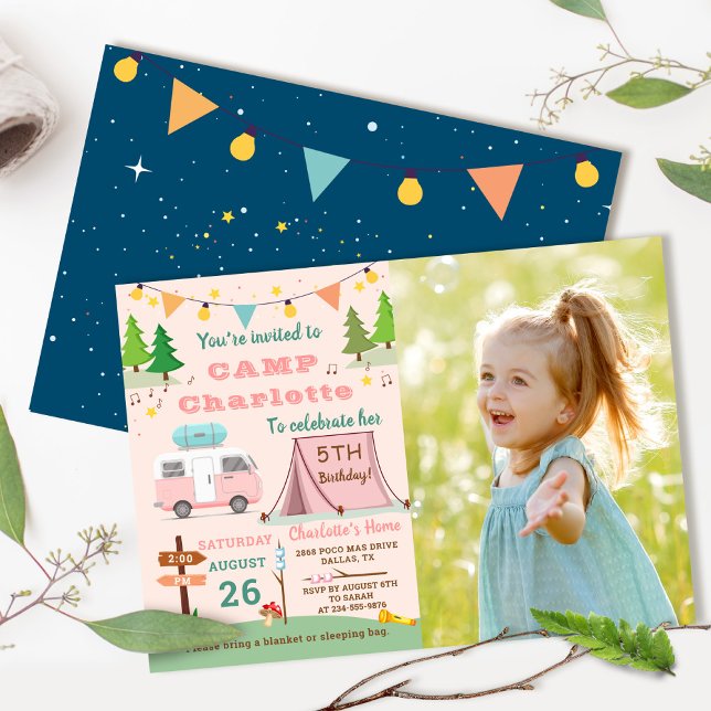 Girls Camping Birthday Camp Out Party Photo Invitation (Creator Uploaded)