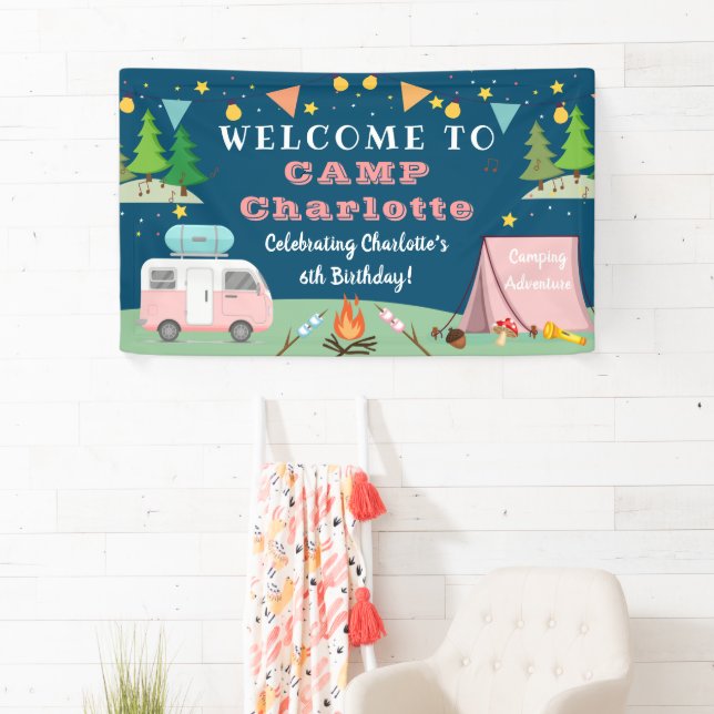 Girls Camping Birthday Camp Out Party Welcome Banner (Insitu)