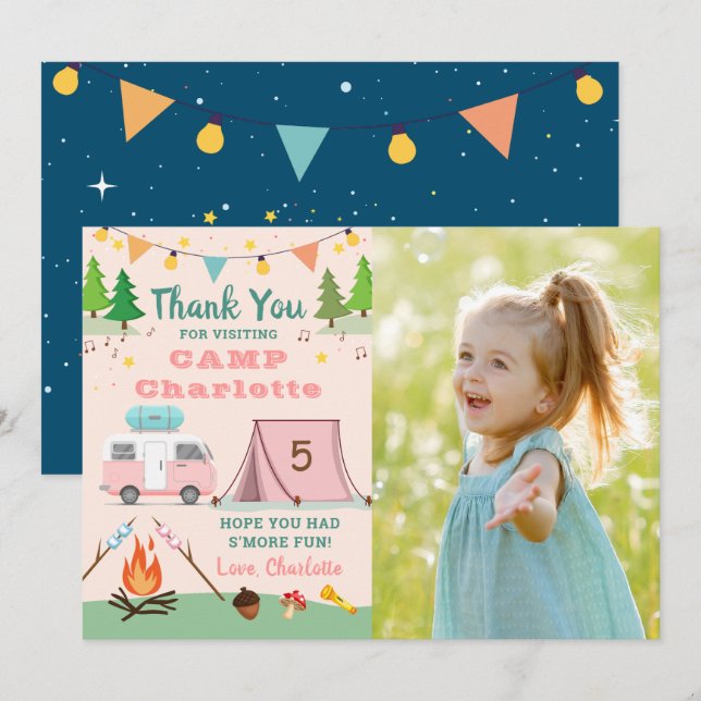 Girls Camping Birthday Camp Party Photo Thank You Card (Front/Back)