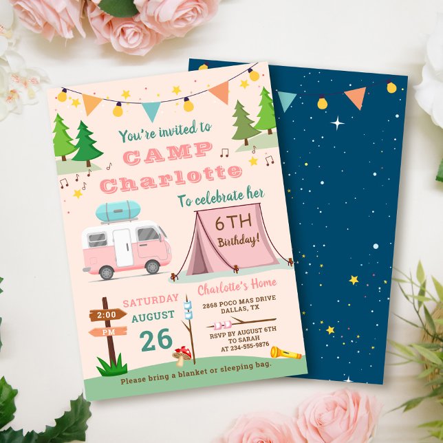 Girls Camping Birthday Outdoors Camp Out Party Invitation (Creator Uploaded)