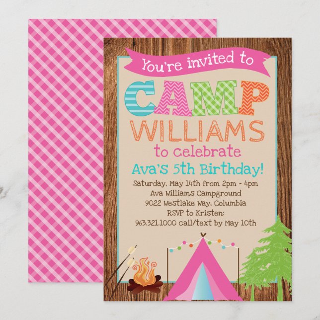 Girls Camping Birthday Party Invitation (Front/Back)