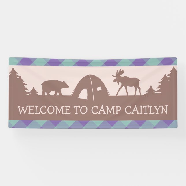 Girls camping birthday party welcome banner (Horizontal)