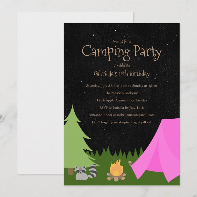 Girls Camping Party | Birthday Party Invitation (Front/Back)