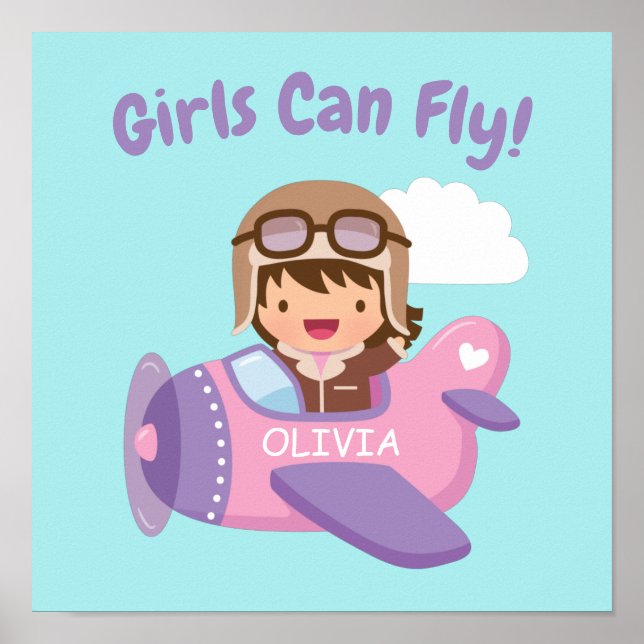 Girls Can Fly Cute Aviator Girl Aeroplane Poster (Front)