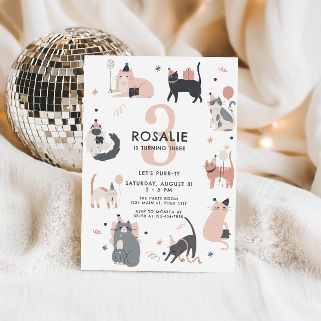 Girls Cat Themed Birthday Invitation (Girls Cat Birthday Invitation)